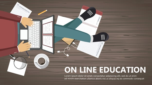 Online education business banner. Man sitting and holding lap top in his lap. Flat vector illustration