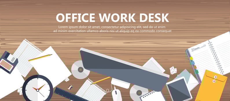 Office work desk concept. Work space, workplace, office, indoor. Flat banners for business and management purposes. Flat vector illustration