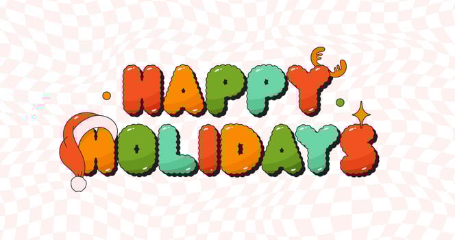Christmas groovy poster Happy Holiday. Noel hat and horns. Color text sticker. vector