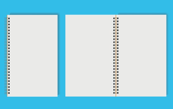 Spiral blank open notebook, closed white open book on a colorful blue background. vector