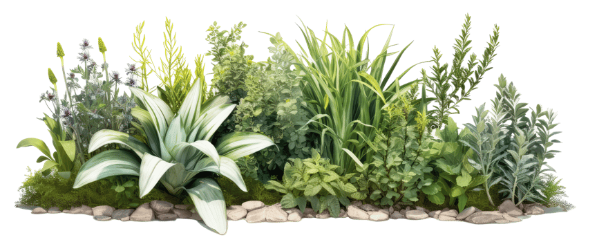 garden containing Rosmarinus officinalis Rosemary and Hosta plantaginea Plantain leaved hosta . AI Generated png