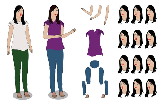 Young Girl cartoon character with lip sync set. vector