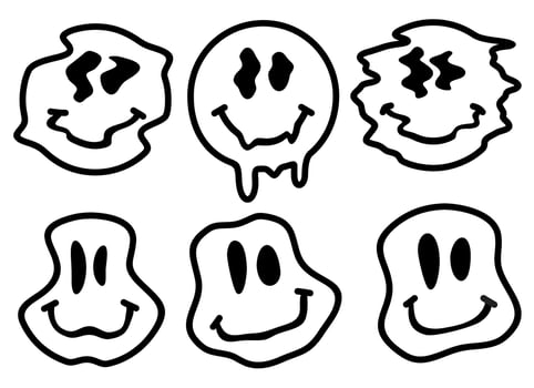 Melting or dripping smiles set. Distorted melting smile face. Psychedelic quirky cartoon face. Graffiti smiley. Vector illustration.