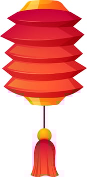 Chinese red lantern with golden decorations, folded in stripes, and with tassel at the bottom. Vector illustration for Chinese New Year, Lantern Festival