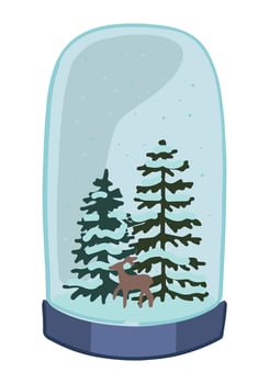 Crystal ball doodle. Clipart of snow ball with snowy Christmas tree and deer. Cartoon vector illustration isolated on white.