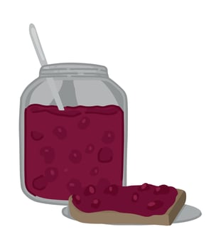 Jam spread on piece of toast bread, glass jar with jelly. Doodle of sweet homemade winter season food. Cartoon vector illustration. Contemporary clip art isolated on white.