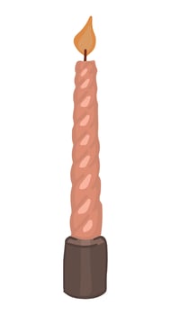 Twisted candle with burning flame light. Doodle of cozy spiral wax stick with burning wick. Cartoon vector illustration. Clip art isolated on white.