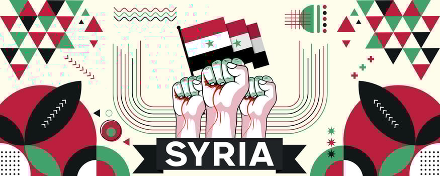 Syria national or independence day banner for Syrian celebration. Flag of Syria with raised fists. Modern retro design with abstract geometric icons. Vector illustration.