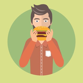 Man eating burger. Flat vector illustration