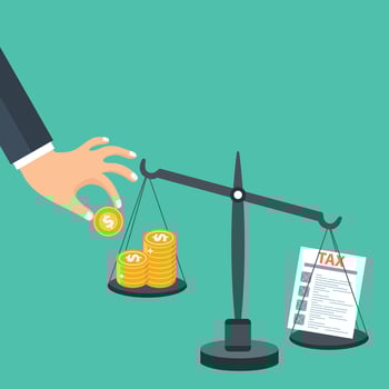 Tax burden concept. Money balancing with tax on scales. Flat vector illustration