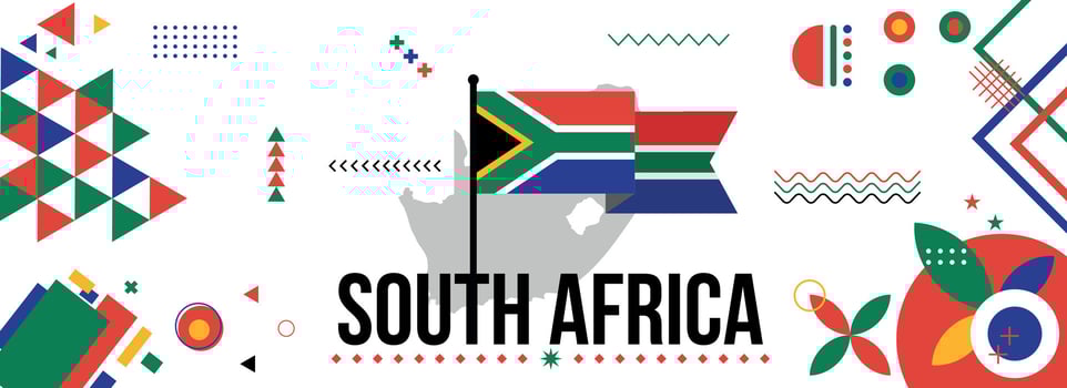 South Africa national or independence day banner design for country celebration. Flag and map of South Africa with modern retro design and abstract geometric icons. Vector illustration