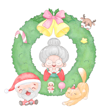 A watercolor Christmas image of Santa Claus and Mrs. Claus with a Christmas wreath. png