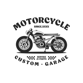 motorcycle custom garage illustration, motorcycle service and parts. vintage custom motorcycle emblems, labels, badges, logos, prints, templates. vector