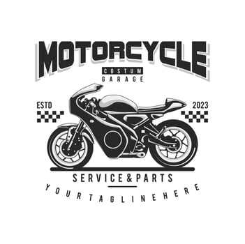 motorcycle custom garage illustration, motorcycle service and parts. vintage custom motorcycle emblems, labels, badges, logos, prints, templates. vector