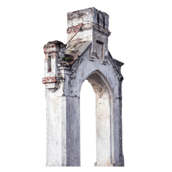 Ancient stronghold entrance ruin isolated PNG photo with transparent background. Damaged tower view.