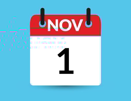 November 1. Flat icon calendar isolated on blue background. Date and month vector illustration