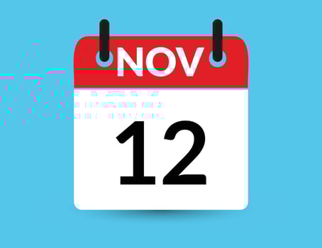 November 12. Flat icon calendar isolated on blue background. Date and month vector illustration