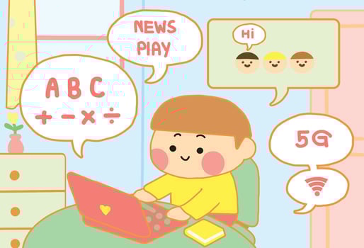 The kid use Desktop for learning and internet for comfortable in his life, illustration cartoon style. vector