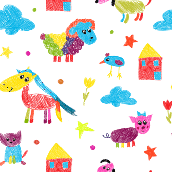 Seamless pattern with hand-drawn farm animals. Sheep, horse, dog, cat, rooster, pig, tulips, house, stars, clouds. Pencil technique. Isolated. For textiles and scrapbooking. png