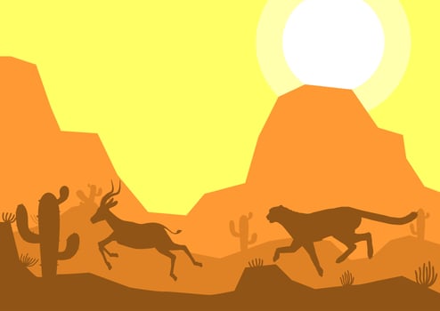 cheetah hunt impala deer animal silhouette desert savanna landscape flat design vector illustration