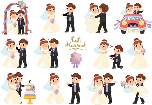 Vector set with bride and groom. Cute just married couple. Wedding ceremony illustrations. Cartoon marriage scenes with rings, cake, honeymoon car, arch, kissing, bouquet throwing, first dance