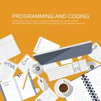 Programming and coding concept. Office desk with equipment. Application development icon for websites. Software and program code concept. Flat vector illustration