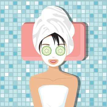Woman having anti-aging facial treatment with cucumbers. Spa and wellness concept. Flat vector illustration