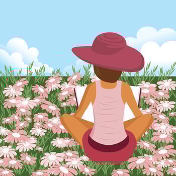 Woman reading book outdoors. Woman relaxing on field. Summer and spring background. Flat vector illustration