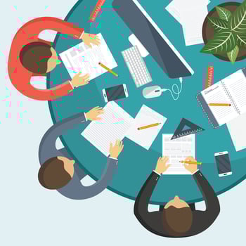 Teamwork concept. Business people sitting together at office desk and working. Concept for brainstorming and project planning. Flat vector illustration