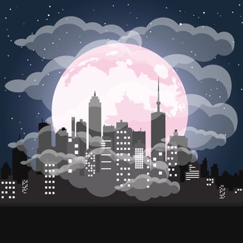 Industrial smoke clouds on city landscape, nuclear reactor environmental pollution vector illustration design