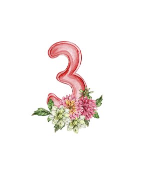 Watercolor hand drawn numbers and flowers composition. png