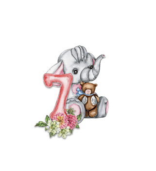 Watercolor hand drawn small baby elephant with dahlia flowers and numbers composition. png