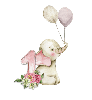 Watercolor hand drawn small baby elephant with dahlia flowers and numbers composition. png