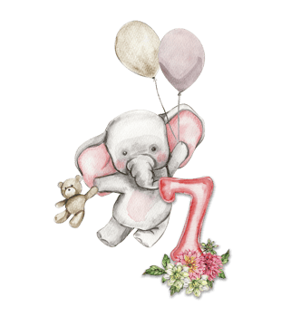 Watercolor hand drawn small baby elephant with dahlia flowers and numbers composition. png
