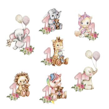 Watercolor hand drawn small baby animals with dahlia flowers and numbers composition. png