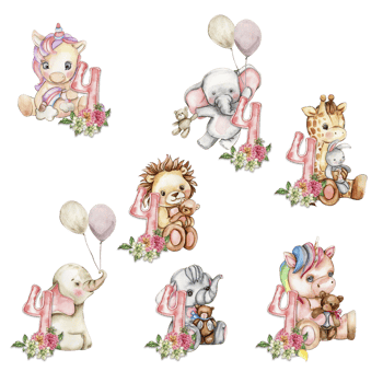 Watercolor hand drawn small baby animals with dahlia flowers and numbers composition. png