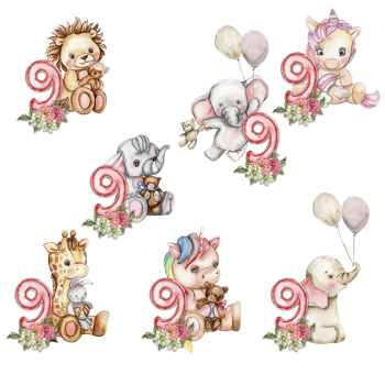 Watercolor hand drawn small baby animals with dahlia flowers and numbers composition. png