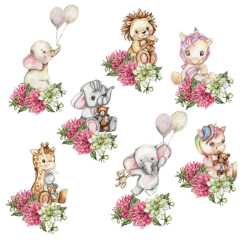 Watercolor hand drawn small baby lion. elephant, giraffe, unicorn with dahlia flowers composition. png