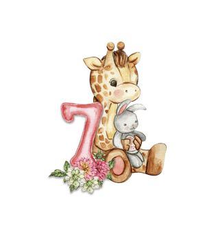 Watercolor hand drawn small baby giraffe with dahlia flowers and numbers composition. png