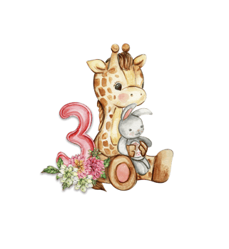 Watercolor hand drawn small baby giraffe with dahlia flowers and numbers composition. png