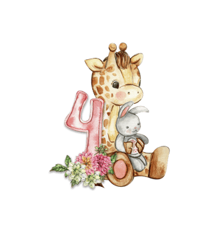 Watercolor hand drawn small baby giraffe with dahlia flowers and numbers composition. png