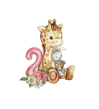 Watercolor hand drawn small baby giraffe with dahlia flowers and numbers composition. png