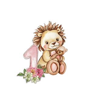 Watercolor hand drawn small baby lion with dahlia flowers and numbers composition. png