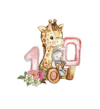 Watercolor hand drawn small baby giraffe with dahlia flowers and numbers composition. png