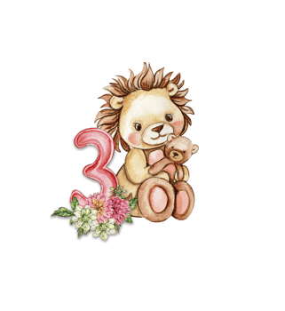 Watercolor hand drawn small baby lion with dahlia flowers and numbers composition. png