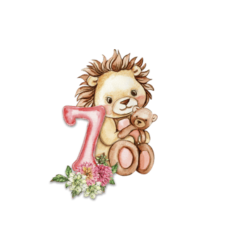Watercolor hand drawn small baby lion with dahlia flowers and numbers composition. png