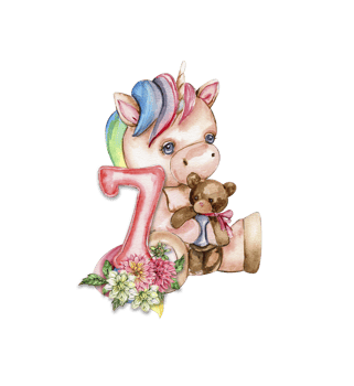 Watercolor hand drawn cute small baby unicorn with dahlia flowers with number composition. png