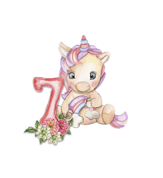 Watercolor hand drawn cute small baby unicorn with dahlia flowers with number composition. png