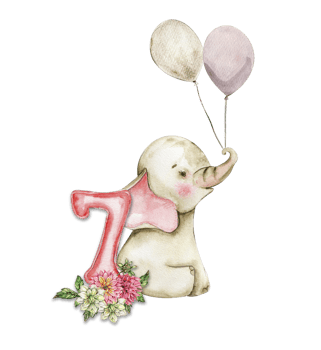 Watercolor hand drawn small baby elephant with dahlia flowers and numbers composition. png