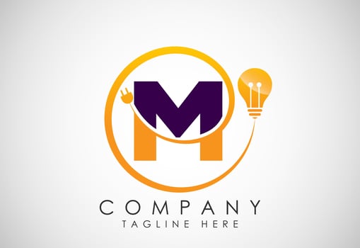 English alphabet M with electric bulb and plug. Electricity, industrial and technology logo vector